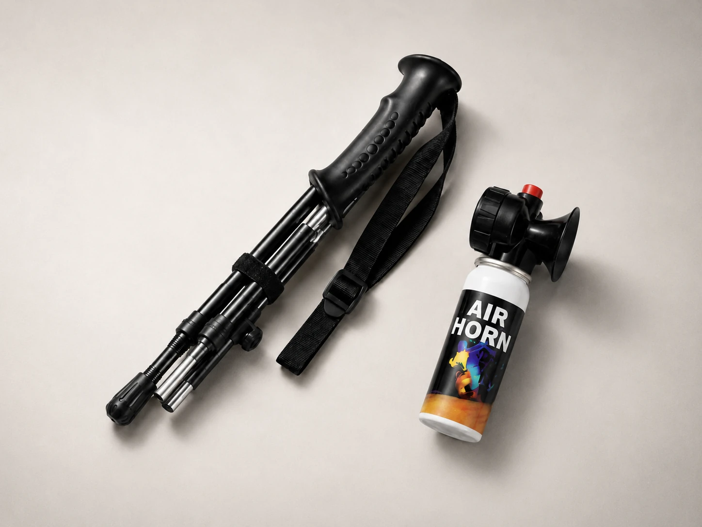 Wandel Alert Kit met ingeklapte Hiking Stick en Persluchthoorn