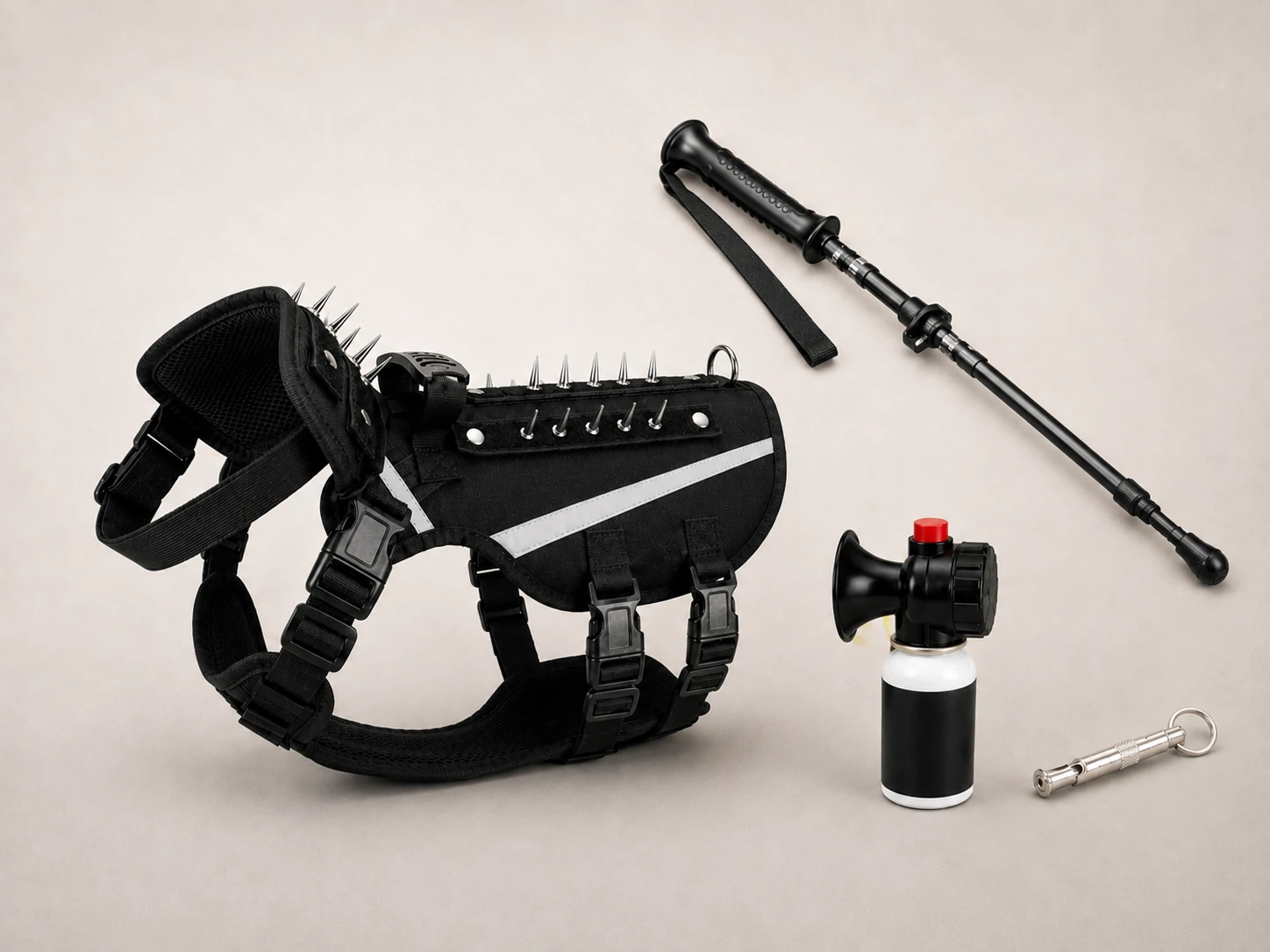 Premium Beschermingspakket: compleet beschermingsvest voor hond tegen wolven met nekbescherming, spike-/stripset, reflectie, Persluchthoorn, Hiking Stick en Wolvenfluitje