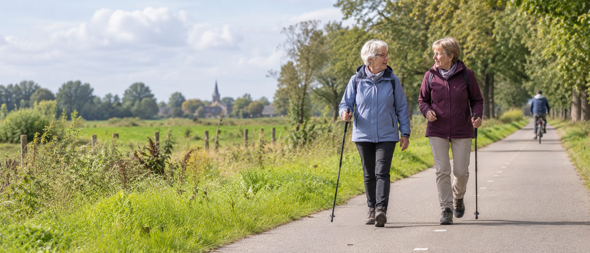 Twee senior wandelaars met hiking sticks in een open Nederlands landschap