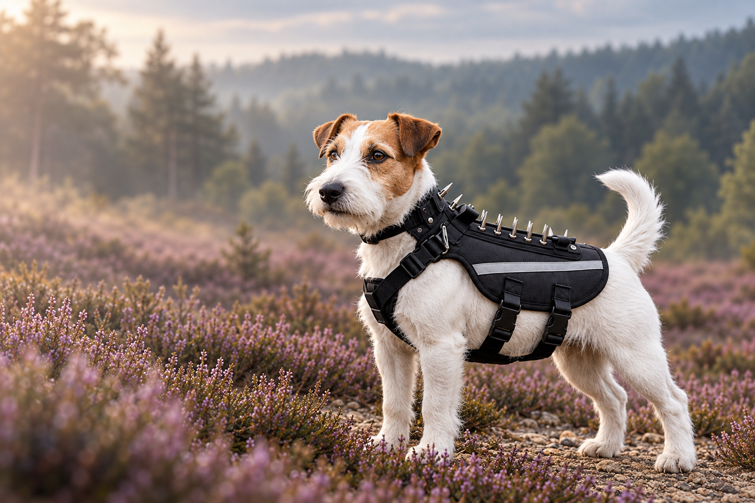 Hond met AntiWolvenVest beschermingsharnas tijdens wandelen in natuurgebied
