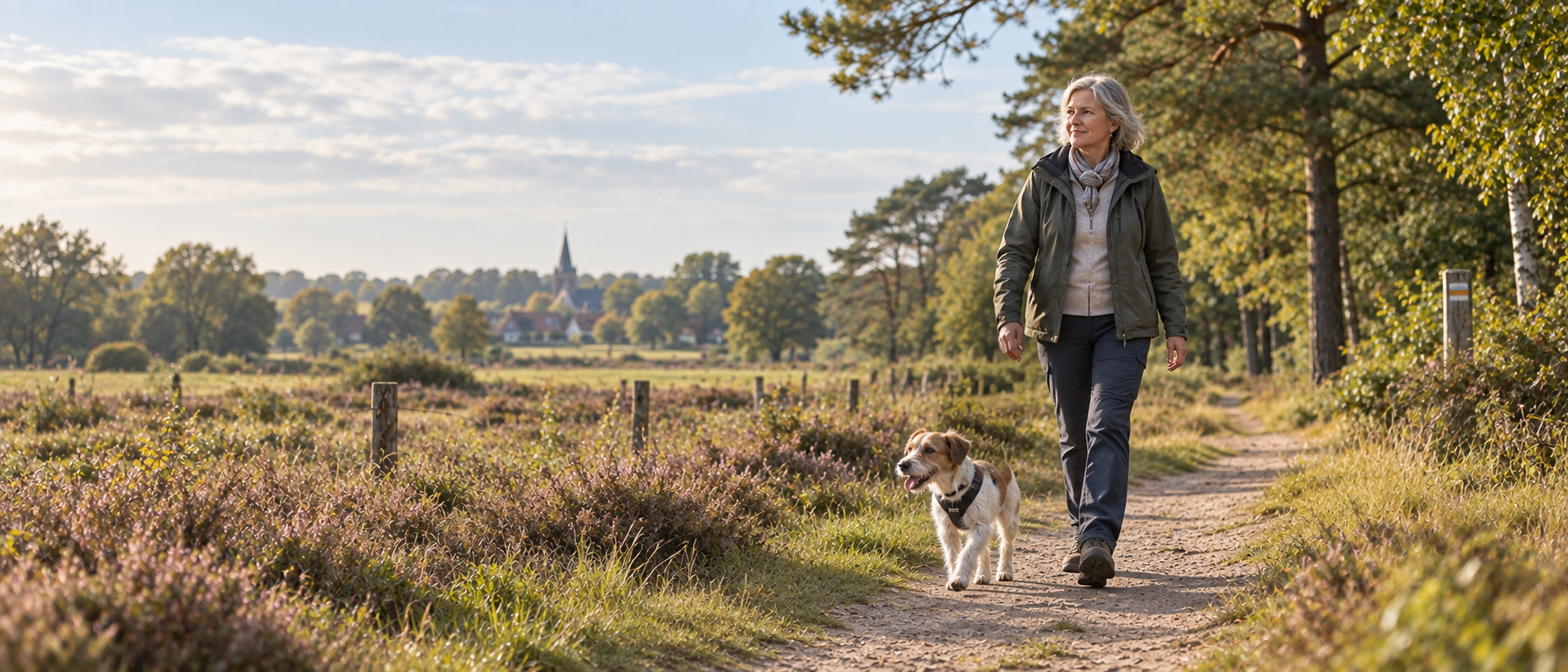 Vrouw wandelt met aangelijnde hond over een rustig zandpad door een groen natuurgebied