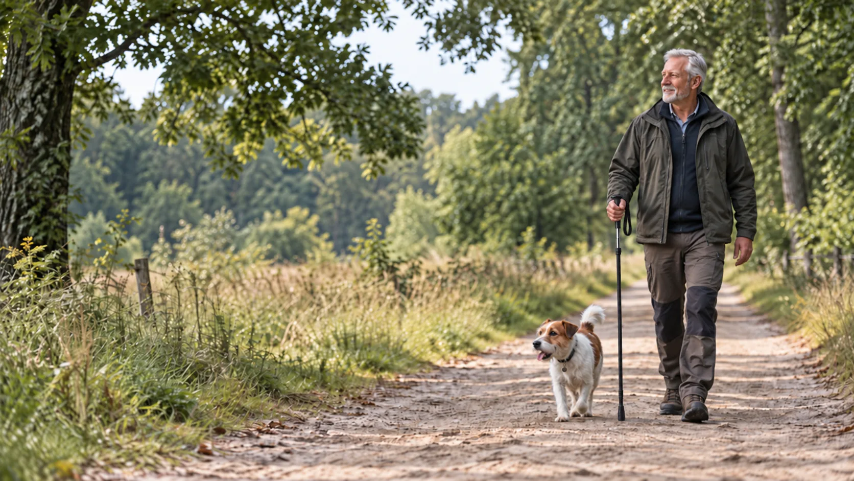 Oudere hondenbezitter wandelt met een kleine hond en zwarte Hiking Stick in een groen natuurgebied