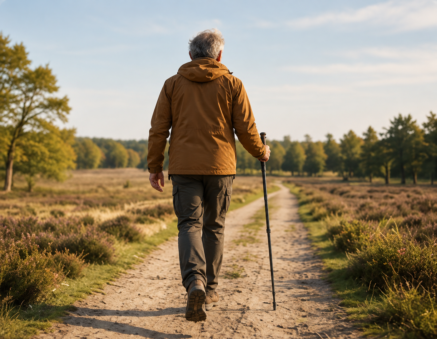Wandelaar met hiking stick in buitengebied