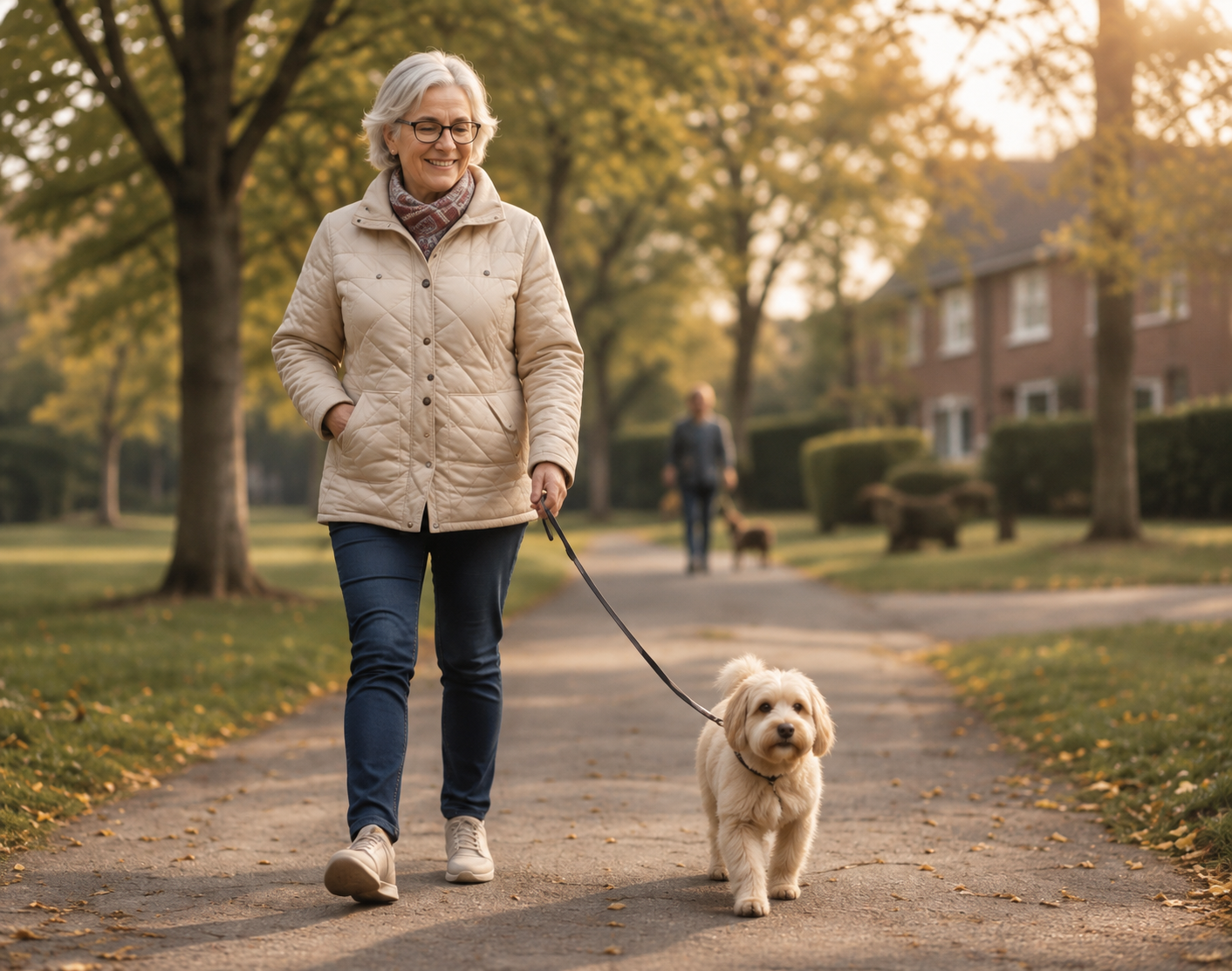 Oudere vrouw met klein hondje in het park