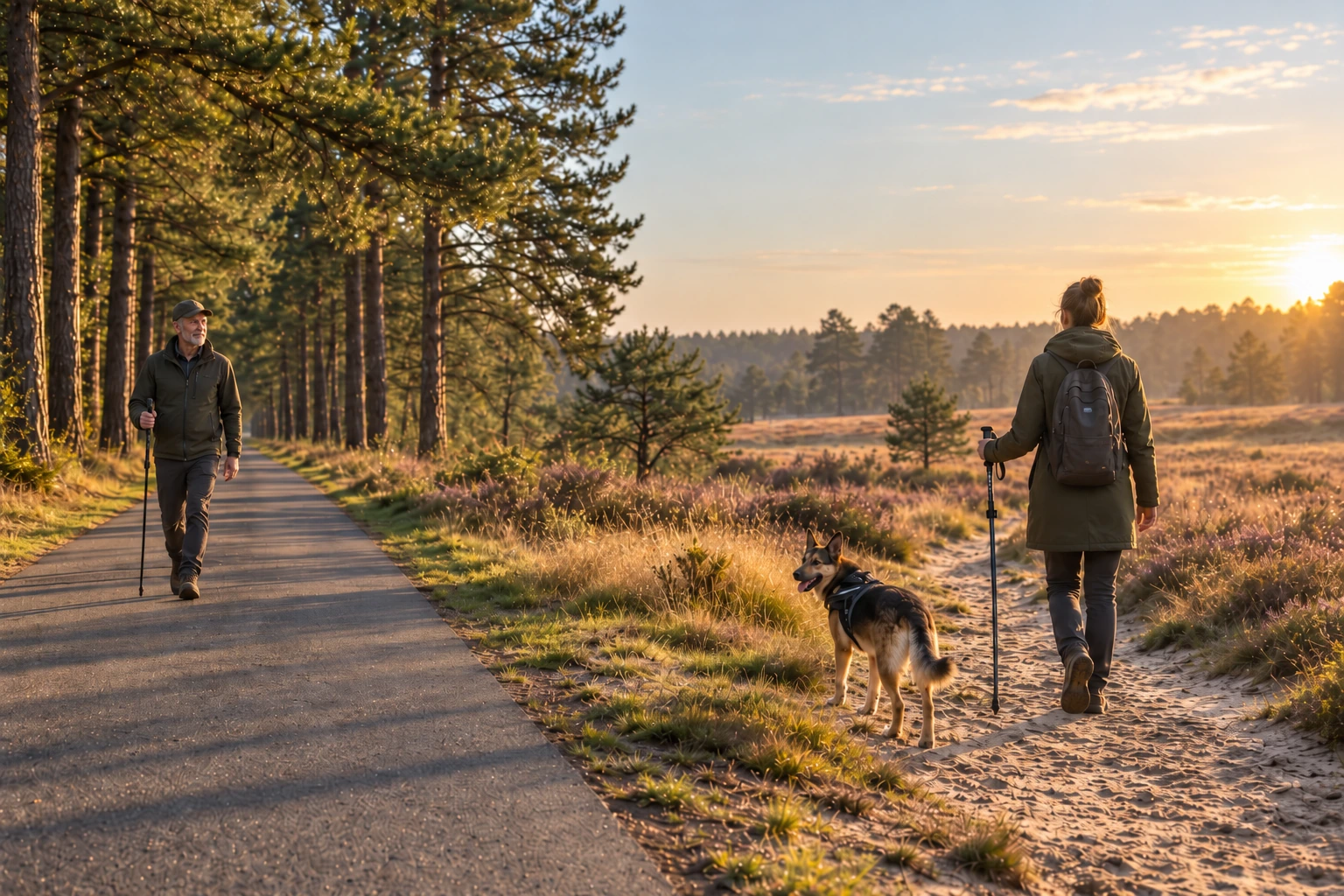 Twee wandelaars met hond op een pad door bos en heide bij zonsondergang