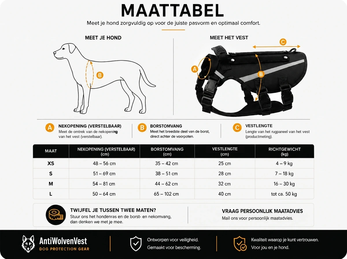 Maattabel met hond-silhouet en meetpunten voor nekopening en borstomvang