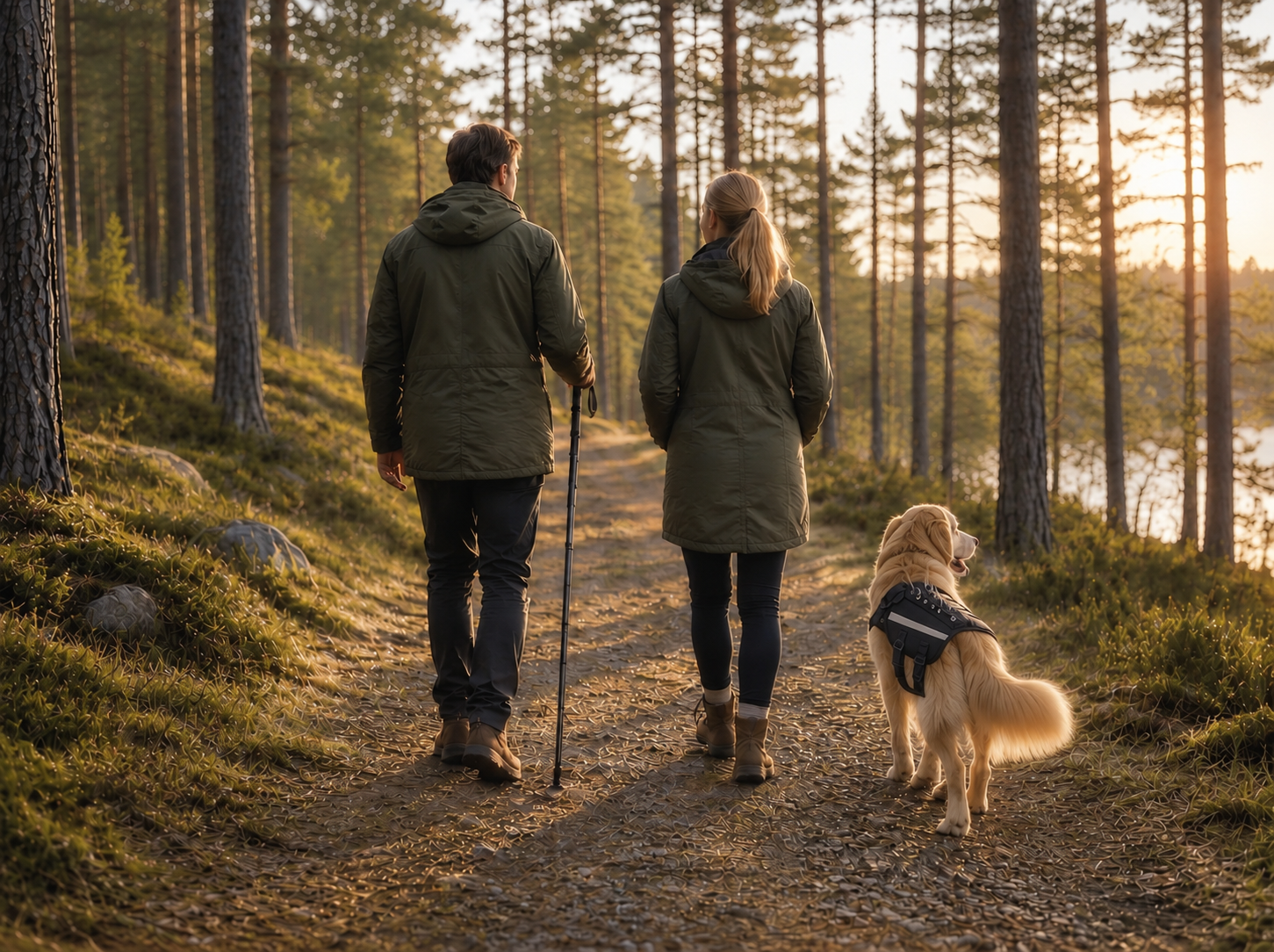Wandelaars met hond in natuurgebied tijdens rustige buitenwandeling