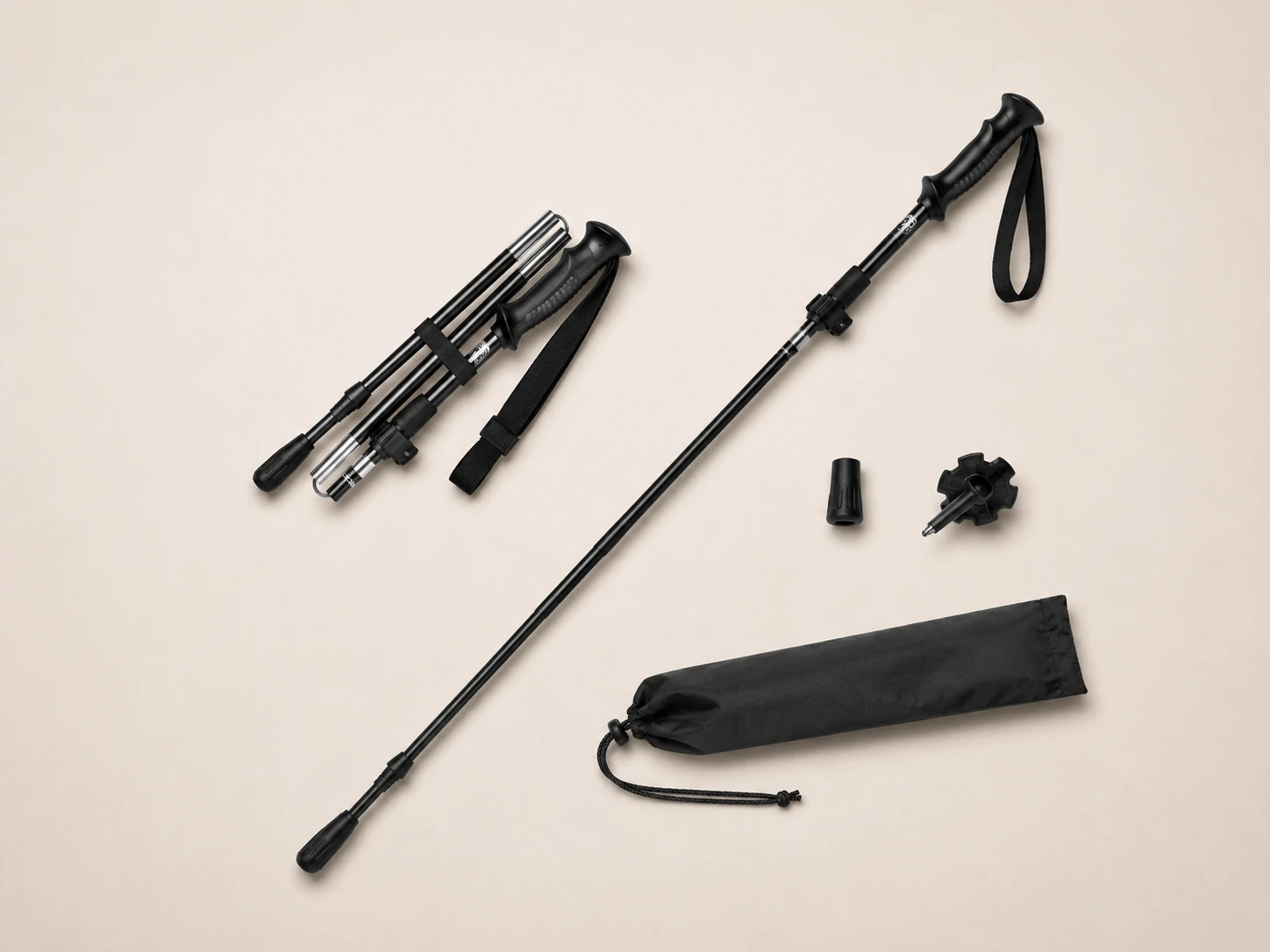 Zwarte Hiking Stick ingeklapt en volledig uitgeklapt, met beschermdop, schotel en vervoertasje